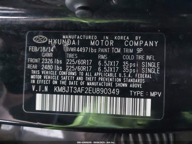 KM8JT3AF2EU890349 Hyundai gdi nu