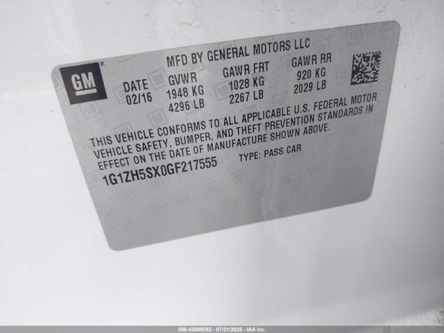 1G1ZH5SX0GF217555 Chevrolet ltg - sidi, alum dohc, vvt, dcvcp turbo, e0-e100, alum