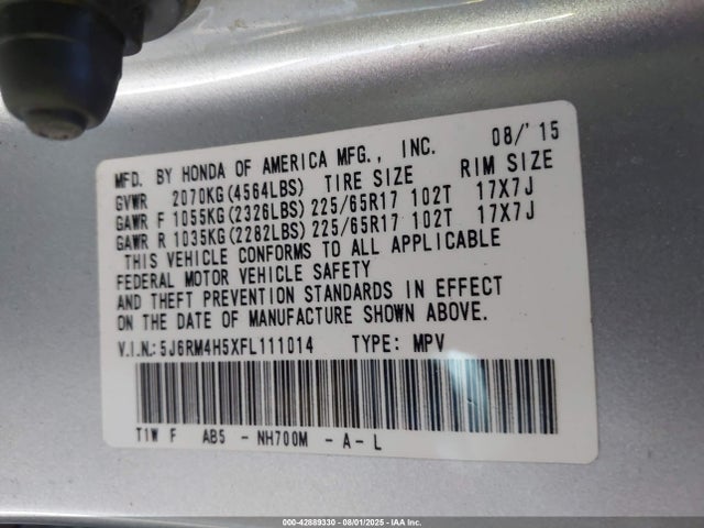 5J6RM4H5XFL111014 Honda k24w9