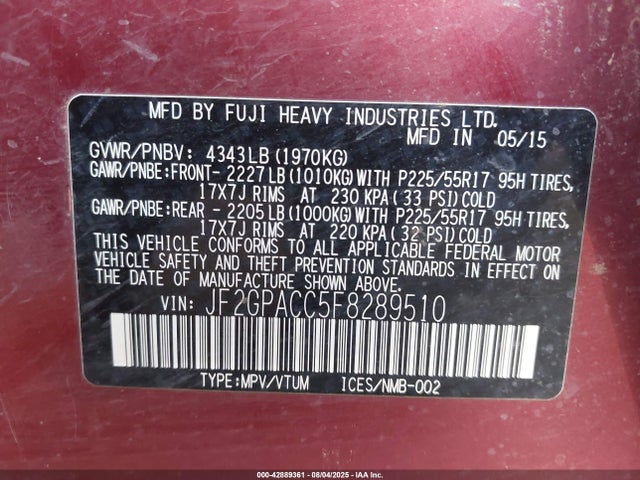 JF2GPACC5F8289510 Subaru 2.0l naturally aapirated