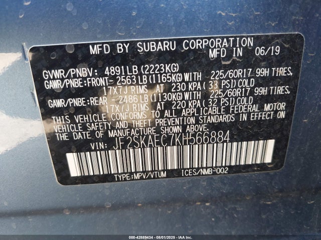 JF2SKAEC7KH566884 Subaru naturally aspirated u5