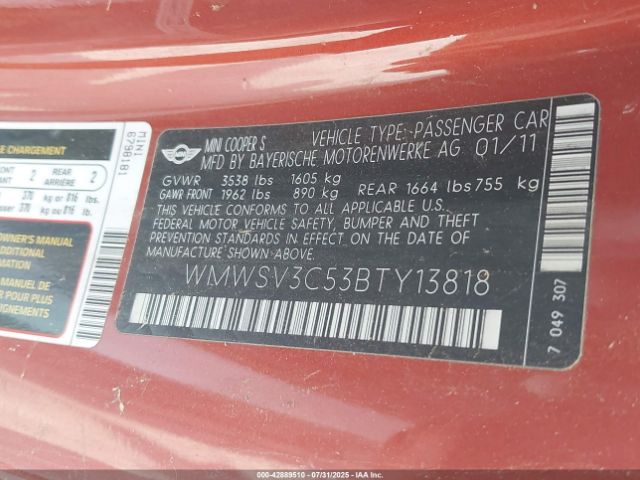 2011 MINI COOPER S WMWSV3C53BTY13818 Photo 8