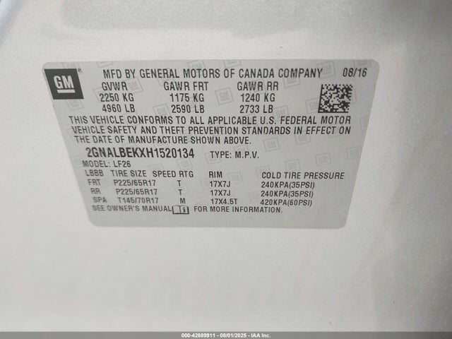 2GNALBEKXH1520134 Chevrolet lea - sidi: spark ignited direct injection, e85 max, alum
