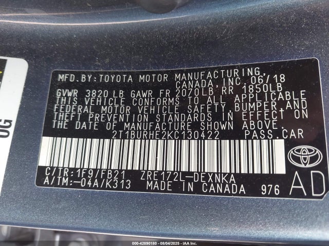 Toyota 2zr-fe 2019 2T1BURHE2KC130422 Image 9