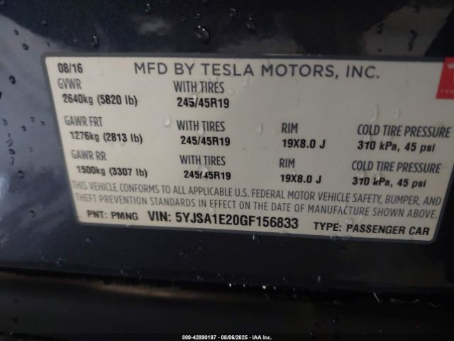 2016 TESLA MODEL S 5YJSA1E20GF156833 Photo 8
