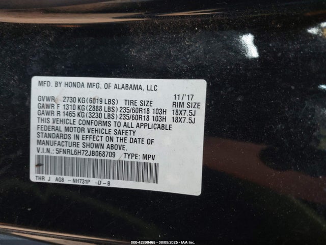 Honda j35y7 2018 5FNRL6H72JB068709 Image 9