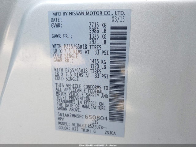 Nissan 2015 2015 5N1AR2MM3FC650804 Image 9