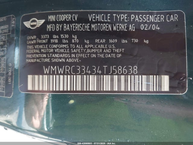 2004 MINI COOPER WMWRC33434TJ58638 Photo 8