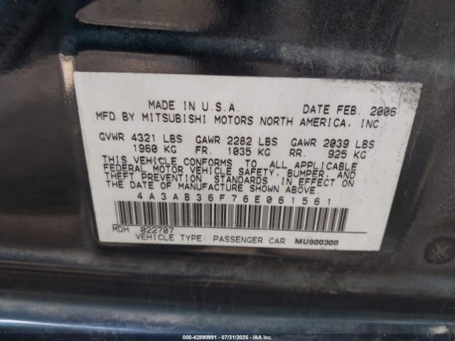 2006 MITSUBISHI GALANT 4A3AB36F76E061561 Photo 8