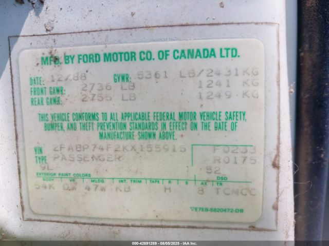 1989 FORD CROWN VICTORIA 2FABP74F2KX155915 Photo 8