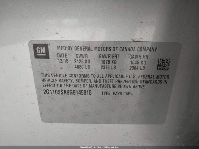 2G1105SA9G9149815 Chevrolet lcv -sidi, dcvcp, vvt, dcvcp, e85 max, e0-e100, aluminum