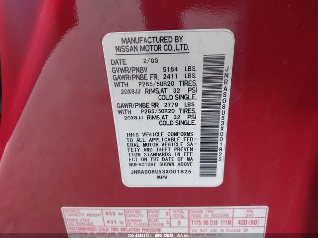 Продажа на аукционе авто 2003 Infiniti Fx35, vin: JNRAS08U53X001825, номер лота: 42891341