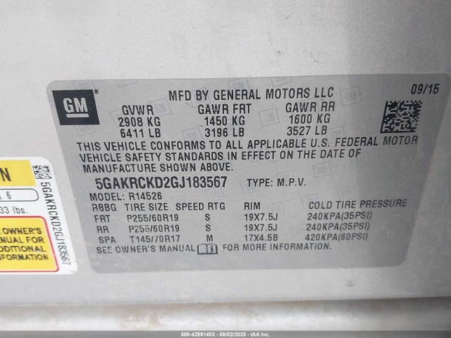 5GAKRCKD2GJ183567 Buick llt - sidi, alum, 60 degrees