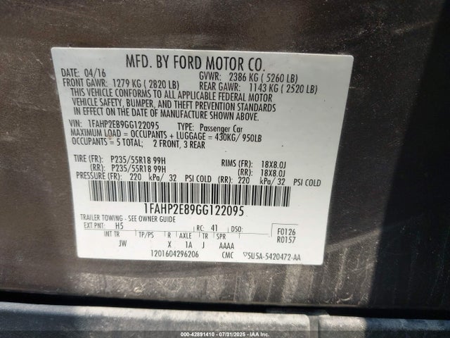 Ford Taurus 2016 1FAHP2E89GG122095 Image 9
