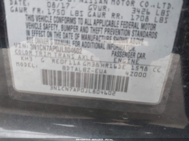 3N1CN7AP0JL804602 Nissan 2018