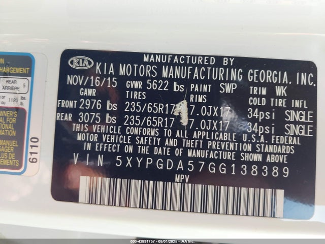 5XYPGDA57GG138389 KIA dohc gdi lambda ii