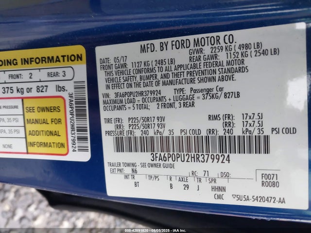 Ford 2.0l 4v atk hev 2017 3FA6P0PU2HR379924 Image 9