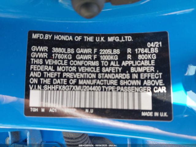 2021 HONDA CIVIC TYPE R SHHFK8G7XMU204400 Photo 8