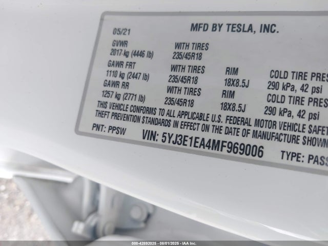 2021 TESLA MODEL 3 5YJ3E1EA4MF969006 Photo 8