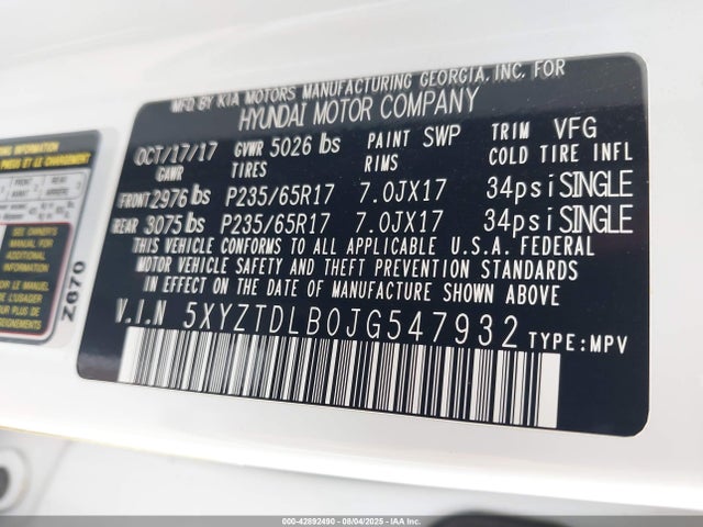 5XYZTDLB0JG547932 Hyundai gdi theta ii