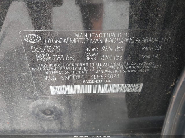 5NPD84LF7LH575074 Hyundai mpi nu