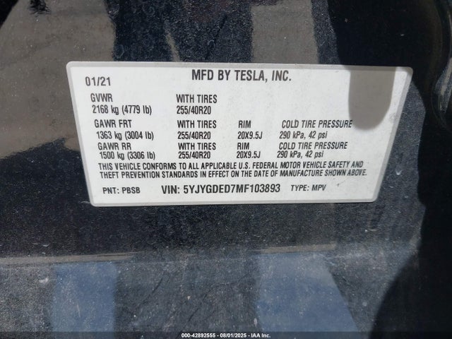 Tesla 2021 2021 5YJYGDED7MF103893 Image 9