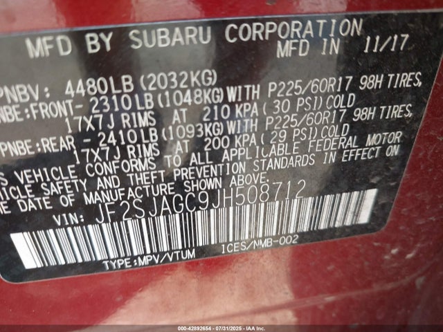 JF2SJAGC9JH508712 Subaru naturally aspirated u5