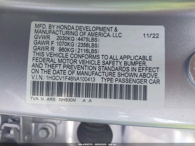 Honda l15be 2022 1HGCV1F46NA100413 Image 9