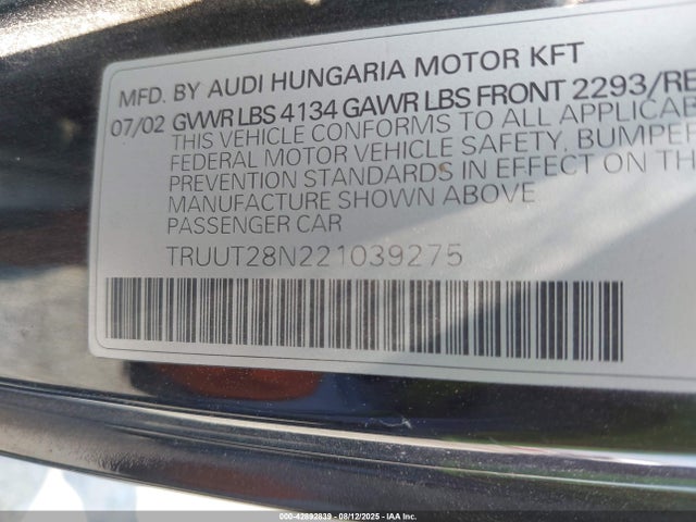 2002 AUDI TT TRUUT28N221039275 Photo 8