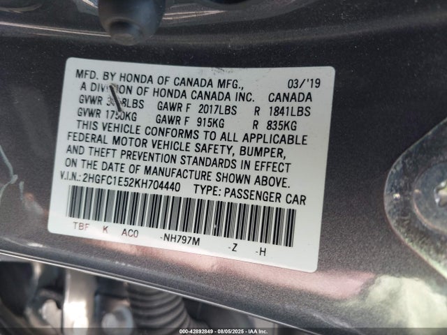 Honda l15b7 2019 2HGFC1E52KH704440 Image 9