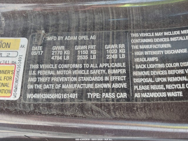 W04WH3N56HG161491 Buick iwc - sidi: spark ignited direct injection, vvt: variable valve timing, ho: high output, fam 1, gen 4, gme
