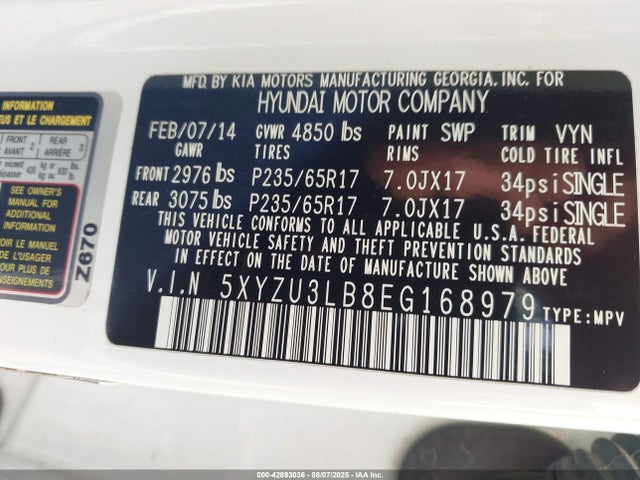 5XYZU3LB8EG168979 Hyundai gdi theta