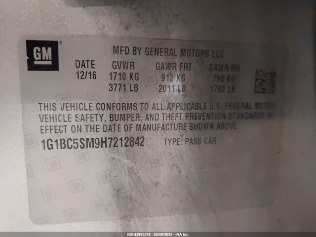 1G1BC5SM9H7212842 Chevrolet le2 -di: direct injection, vvt: variable valve timing, gen, alum