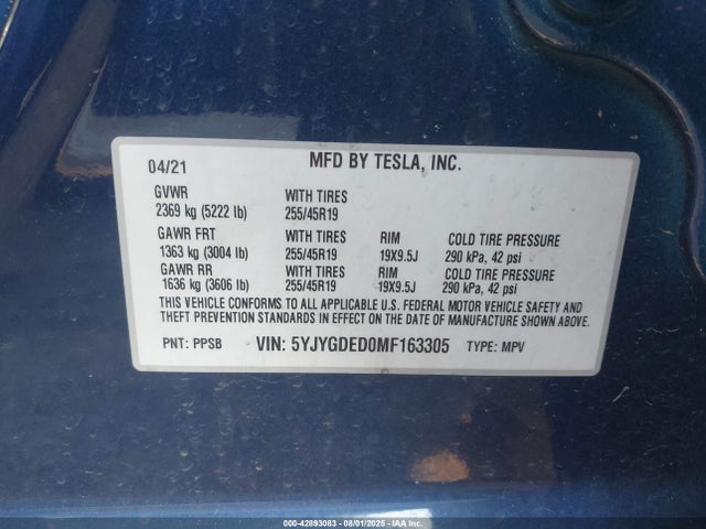 2021 TESLA MODEL Y 5YJYGDED0MF163305 Photo 8