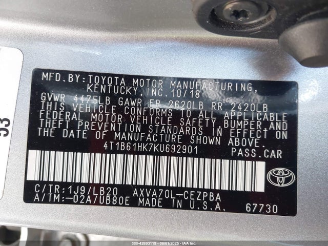 4T1B61HK7KU692901 Toyota a25a-fks