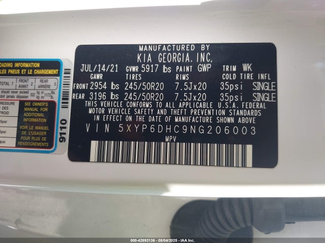 5XYP6DHC9NG206003 KIA gdi lambda-ii