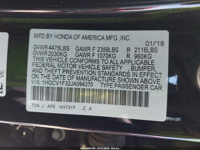 Honda l15be 2018 1HGCV1F32JA094370 Image 9