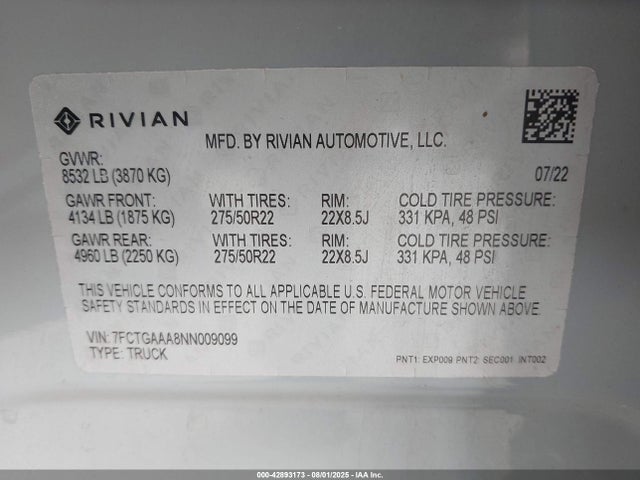 Rivian r1t 2022 7FCTGAAA8NN009099 Image 9