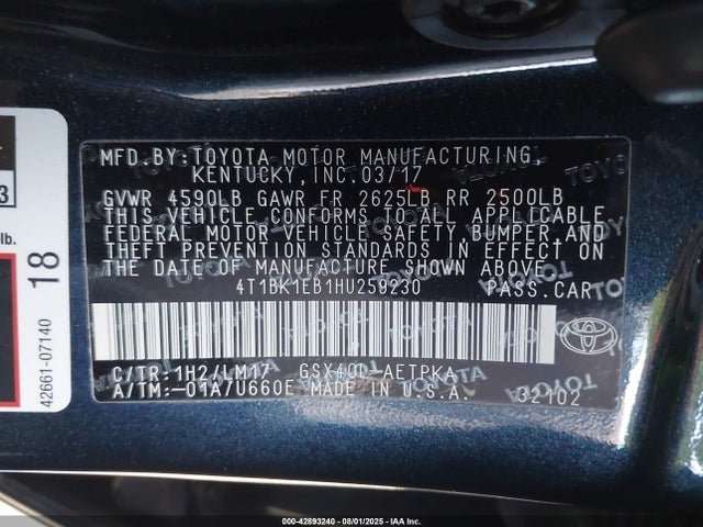 4T1BK1EB1HU259230 Toyota 2gr-fe