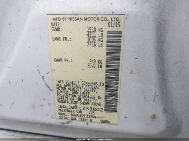 Nissan Altima 2015 1N4AL3AP8FC253802 Image 9