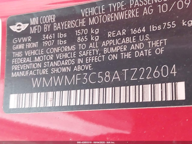 2010 MINI COOPER WMWMF3C58ATZ22604 Photo 8