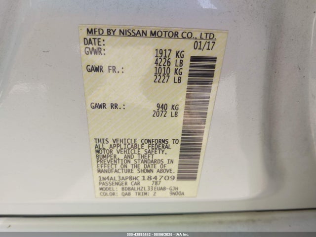 42893482 :رقم المزاد ، 1N4AL3AP8HC184709 vin ، 2017 Nissan Altima 2.5 Sr مزاد بيع