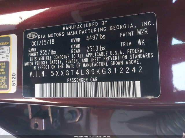 5XXGT4L39KG312242 KIA gdi