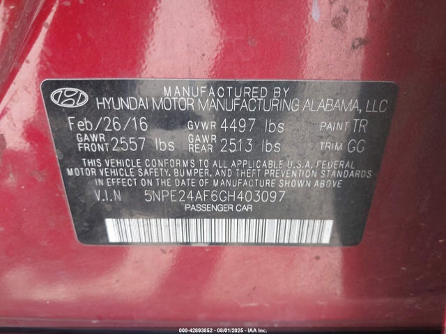 5NPE24AF6GH403097 Hyundai dohc gdi theta-ii