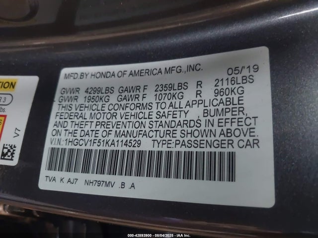 1HGCV1F51KA114529 Honda l15be
