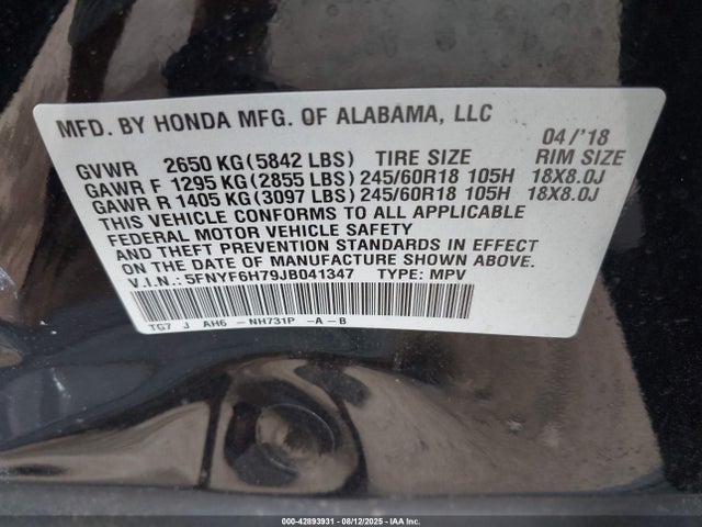 Honda j35y6 2018 5FNYF6H79JB041347 Image 9