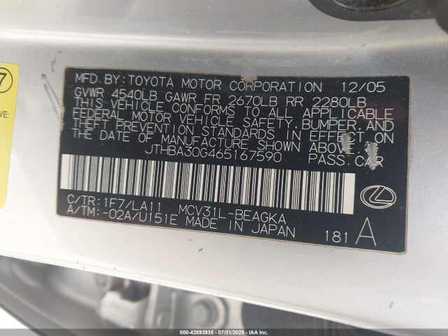 Aukcja sprzedaży 2006 Lexus Es 330, vin: JTHBA30G465167590, numer aukcji: 42893935