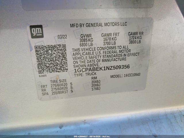 1GCPABEK1NZ509356 Chevrolet l3b