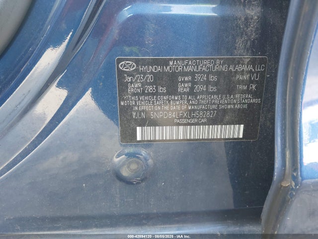 5NPD84LFXLH582827 Hyundai mpi nu