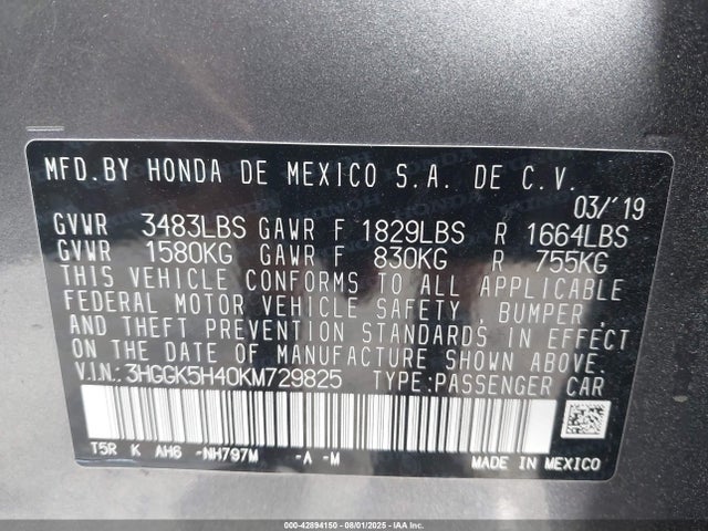 3HGGK5H40KM729825 Honda l15b1